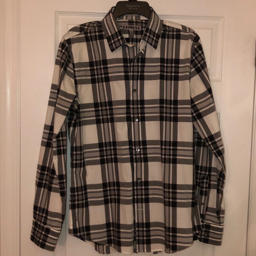 Express Men’s Grey Plaid Button Down Shirt